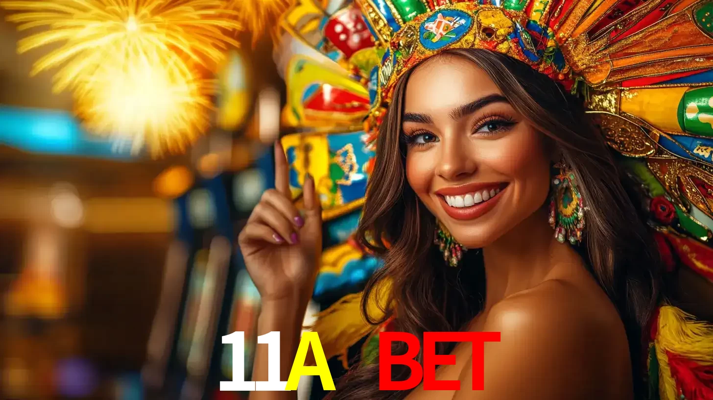 Mulher sorridente com um cocar de carnaval vibrante e colorido, celebrando uma grande vitória nos jogos do cassino 11A BET com fogos de artifício ao fundo.