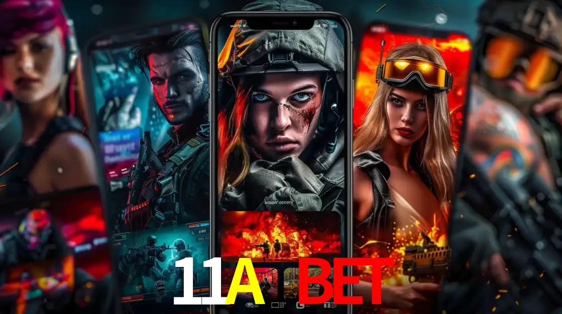 Montagem de telas de celular mostrando diversos personagens, masculinos e femininos, de um jogo de tiro, ilustrando a diversidade de equipes de e-sports para apostar no 11A BET.
