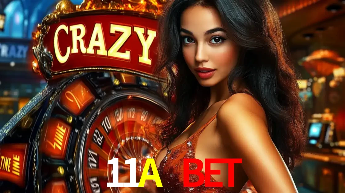 Mulher glamourosa olhando para a câmera com a roda vermelha do Crazy Time ao fundo em um ambiente de cassino, destacando a emoção dos jogos ao vivo no 11A BET.