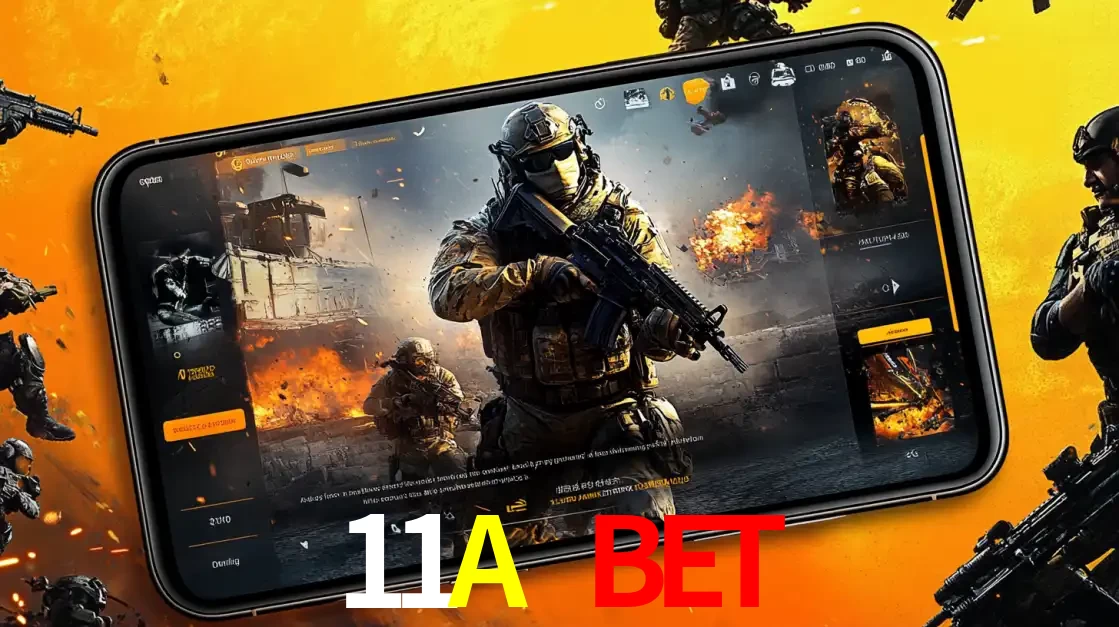 Um smartphone exibindo a interface de um jogo de tiro em primeira pessoa, com um soldado em um cenário de batalha, representando a ação dos e-sports para apostar no 11A BET.