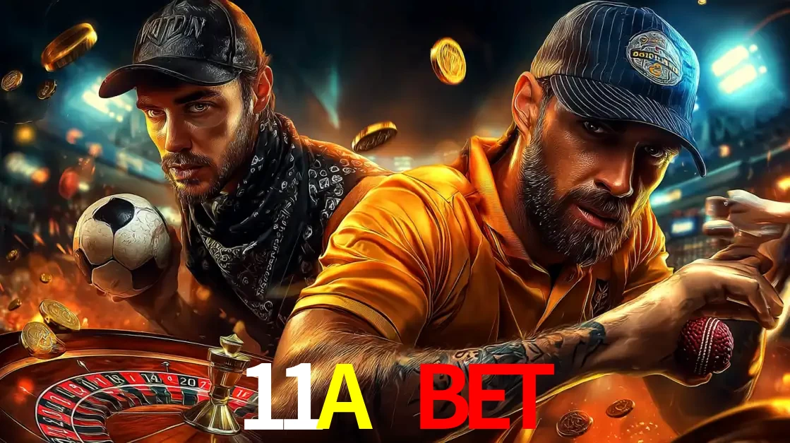 Montagem de apostas esportivas e cassino no 11A BET, com um homem segurando uma bola de futebol e outro uma de beisebol sobre uma roleta e moedas voadoras.