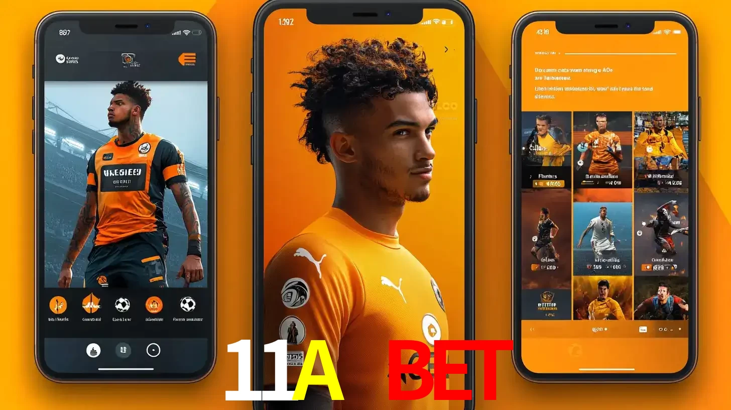 Interface do aplicativo de apostas esportivas 11A BET em três telas de celular, mostrando o perfil de um jogador de futebol e a lista de jogos disponíveis para apostar.