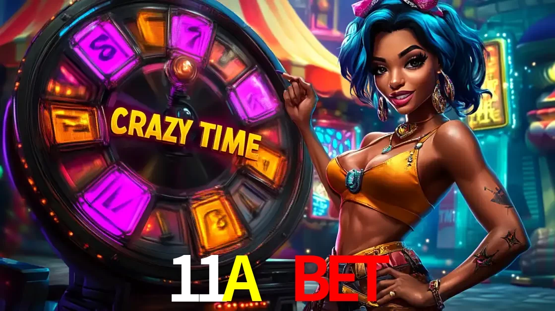 Mulher estilizada com cabelo azul e visual vibrante posando ao lado da roda de prêmios do game show Crazy Time, convidando para a diversão e os bônus do cassino 11A BET.