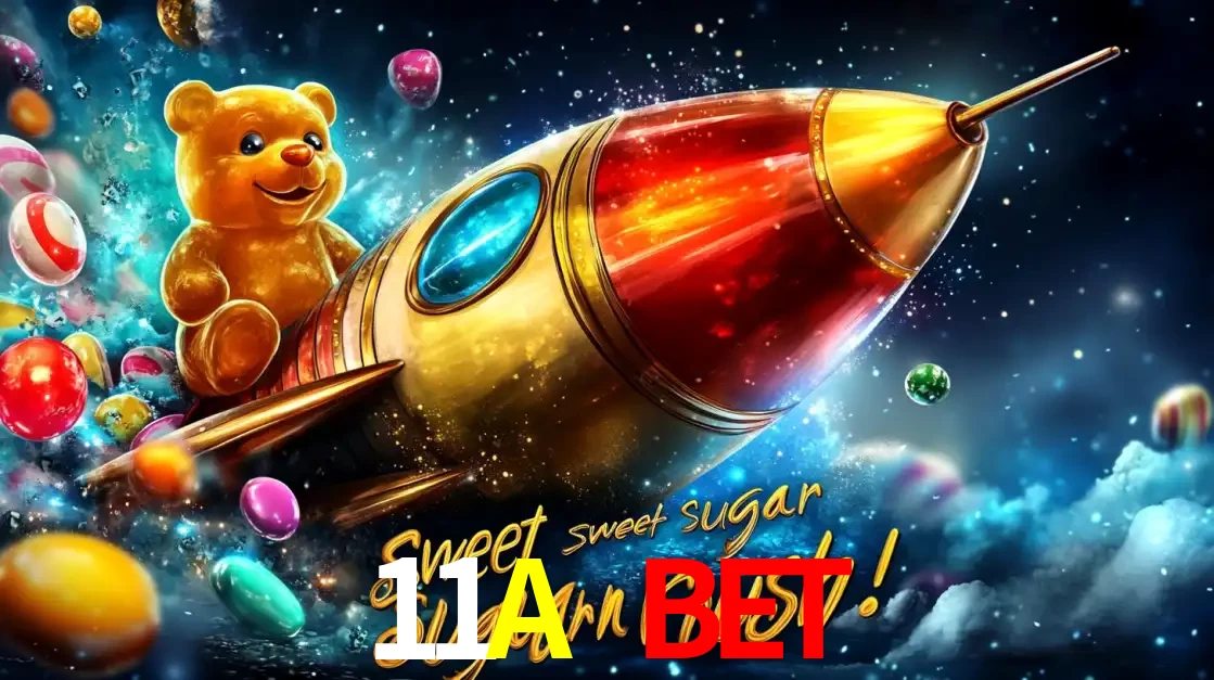 Arte promocional do jogo de slot Sugar Rush, com um urso de pelúcia em um foguete viajando pelo espaço de doces, um dos jogos divertidos disponíveis no cassino 11A BET.